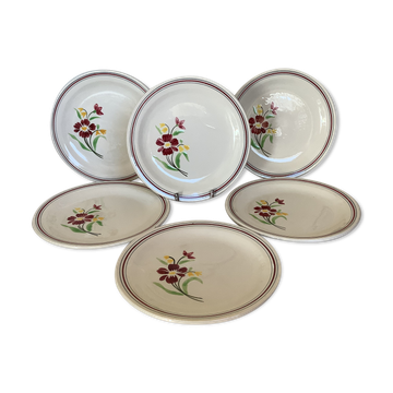 6 anciennes assiettes à dessert fleurs grenat salins France