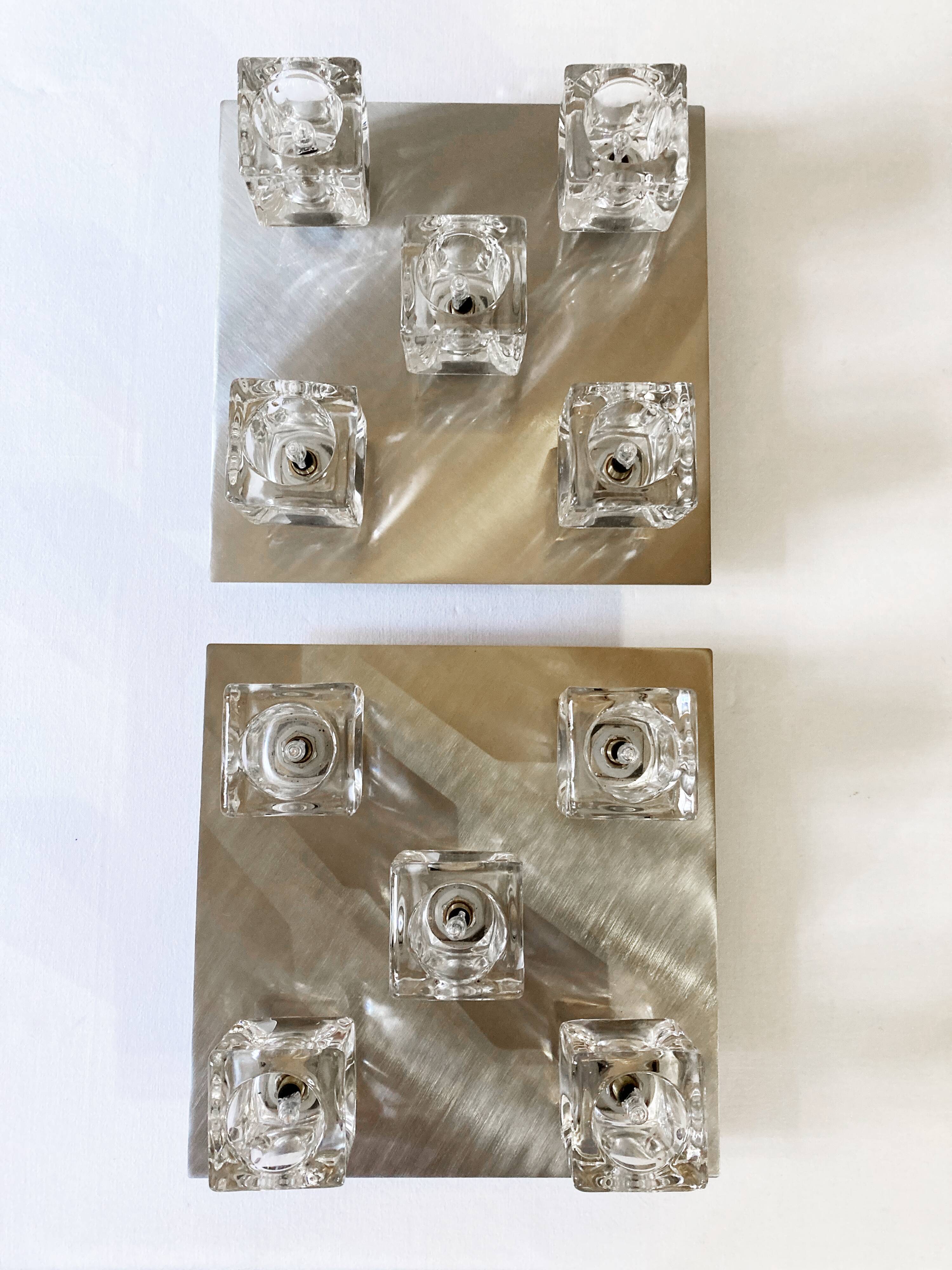 Brushed metal ceiling light and glass globes, 5 halogen candles