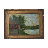 Peinture ancienne signée et datée, paysage animé, peinture à l’huile sur panneau de bois