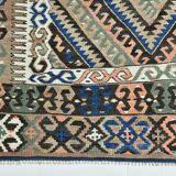 Tapis kilim ancien à losanges géométriques, Dominante bleue et tons nature