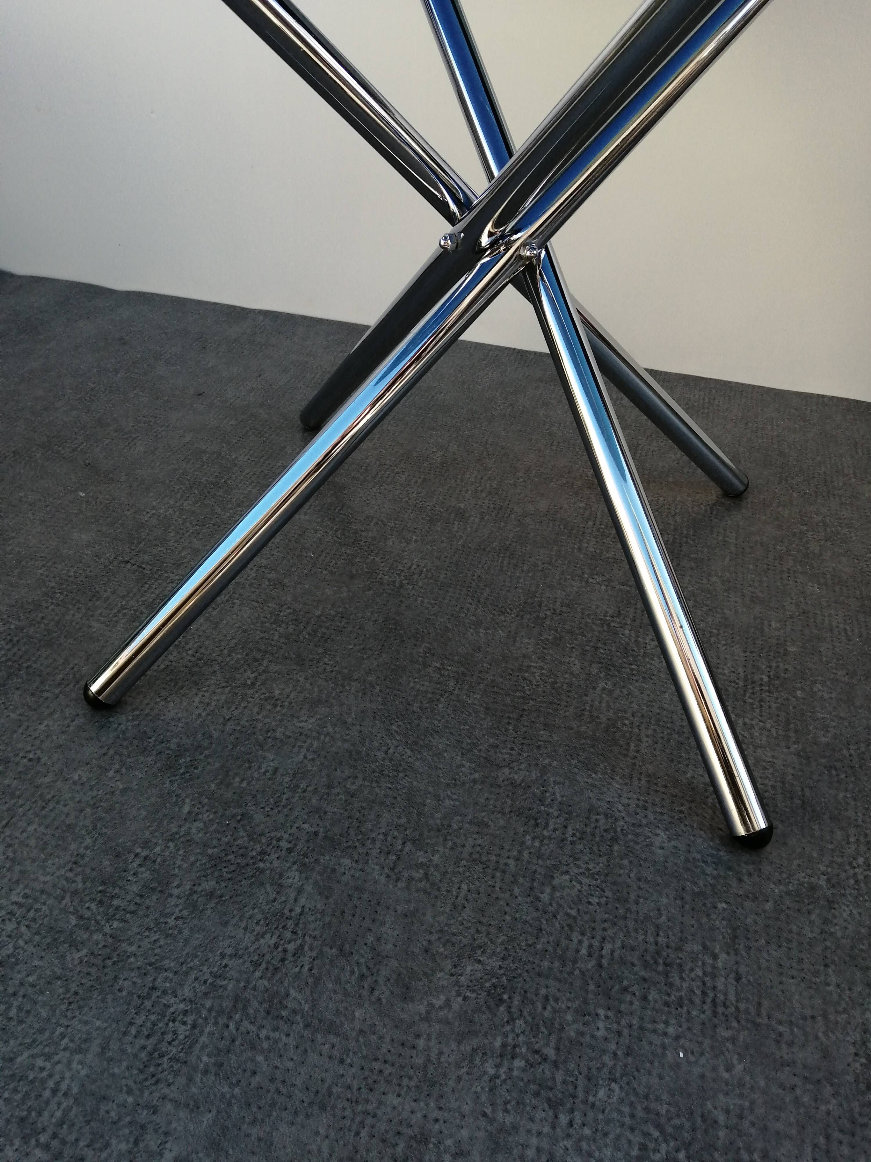 Designer smoked glass table, chrome Mikado base, vintage 1970