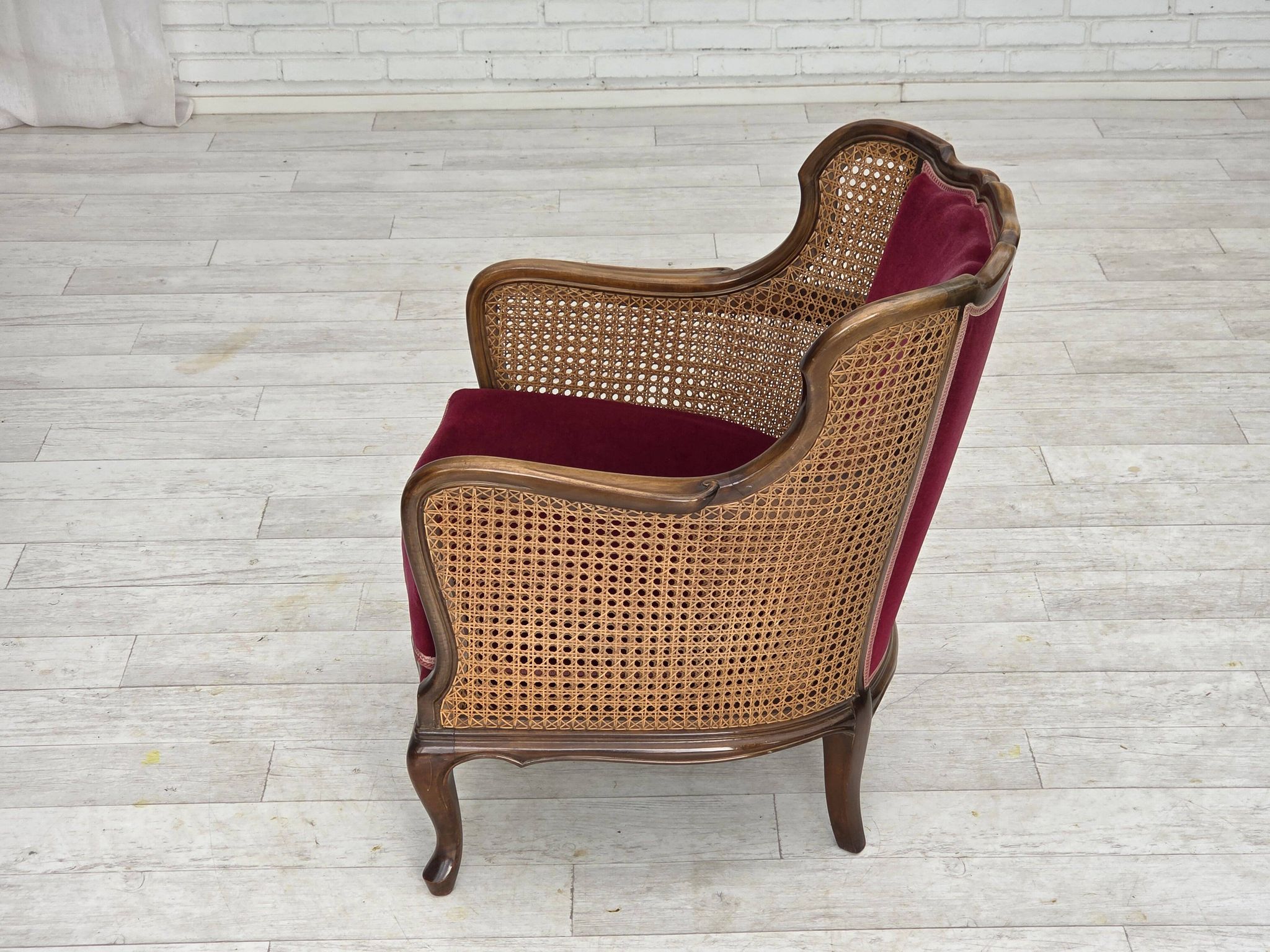 1950s, Danish armchair, furniture velour, ash wood,, mesh.