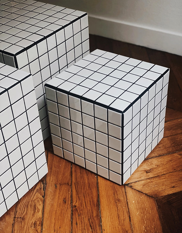 Side table cube piece of sofa tile mosaic white joint black ora 30x30xh40cm