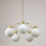 Italian Mid century Modern Chandelier in Brass and Opaline Glass, 1960s
