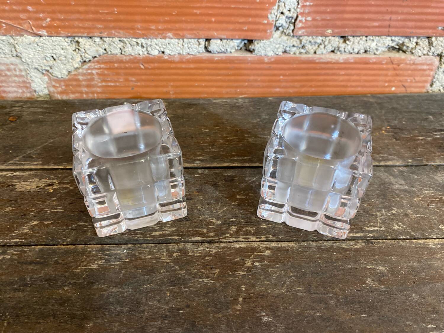 Pair of Modernist Cube Design Candle Holders Moulded Glass 1970s Vintage