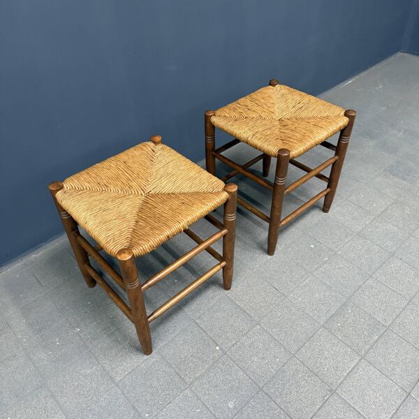 Ensemble de tabourets hollandais en bois de hêtre avec assise en paille