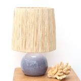 Lampe bleue en céramique, abat jour en raphia, années 70