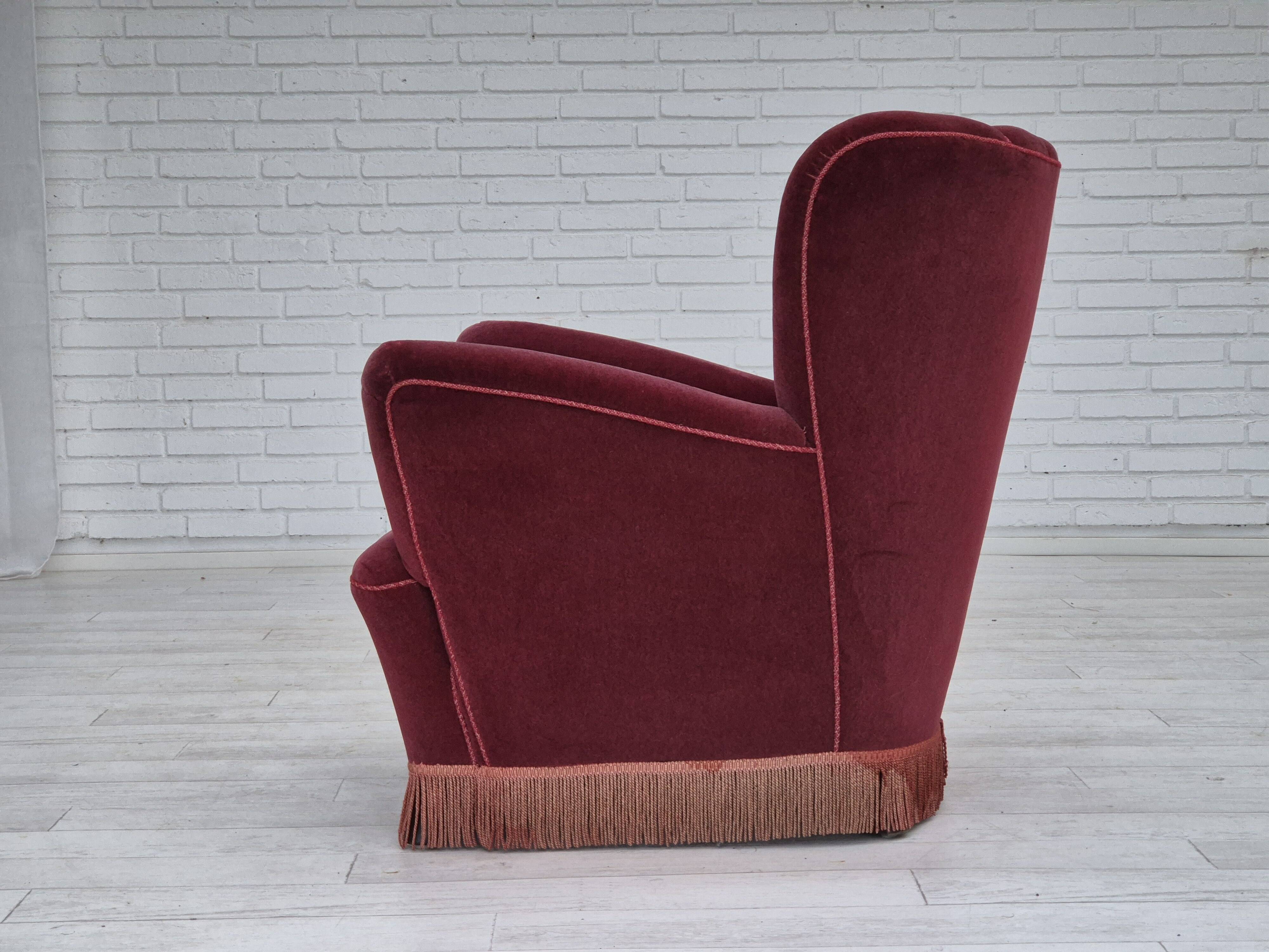 1960s, Danish armchair, original condition, cherry-red furniture velour.