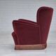 Fauteuil danois des années 1960, état d'origine, velours d'ameublement rouge cerise.