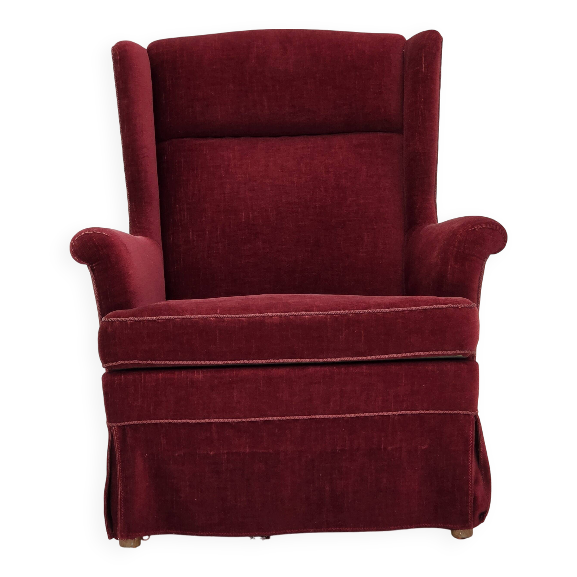 1970s, Danish highback chair, cherry-red furniture velour, ash wood legs.