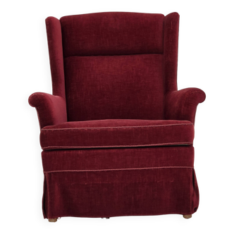 1970s, Danish highback chair, cherry-red furniture velour, ash wood legs.