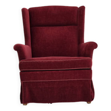 1970s, Danish highback chair, cherry-red furniture velour, ash wood legs.