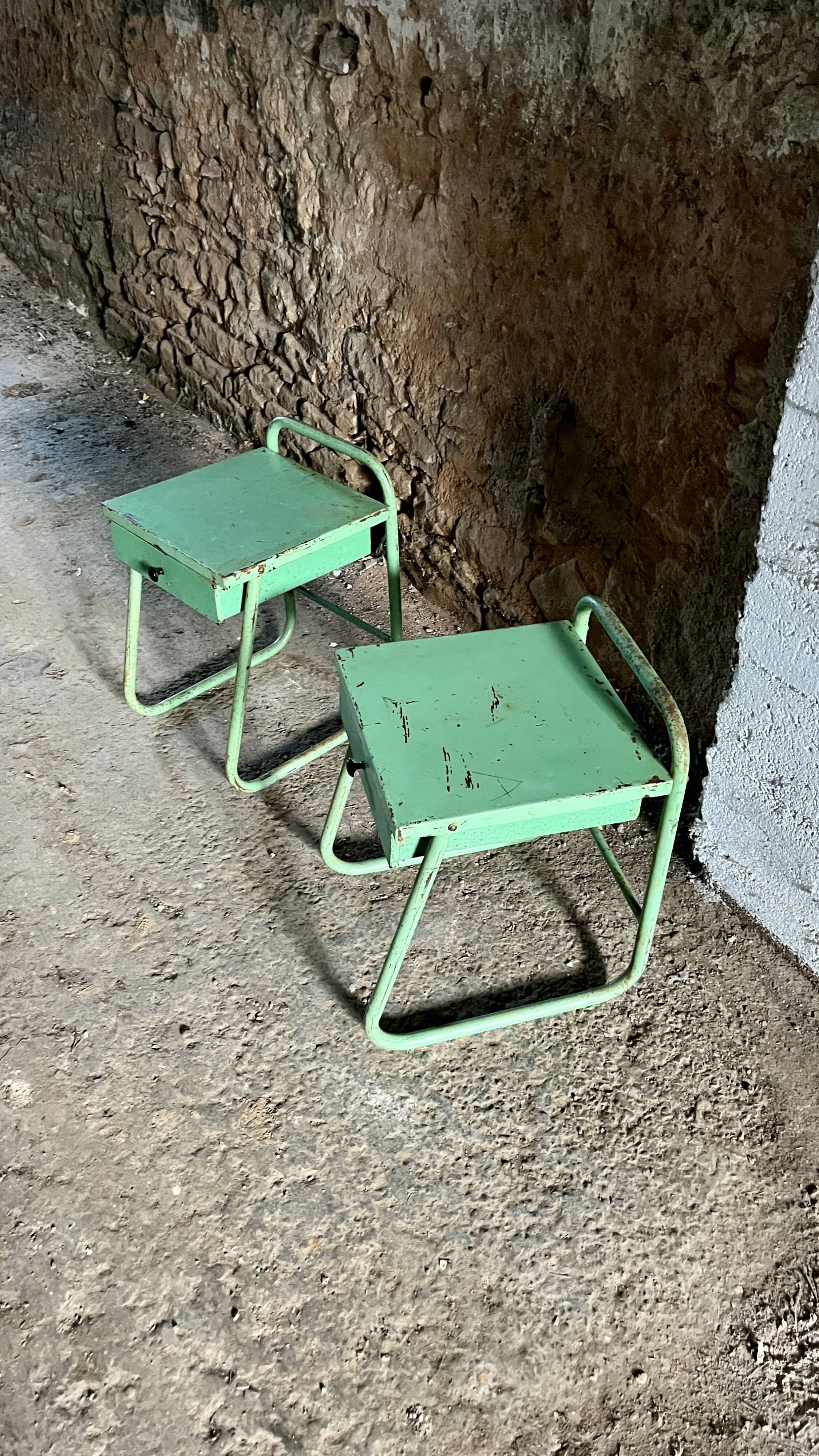 Pair of vintage industrial bedside tables in the Jean Prouvé style