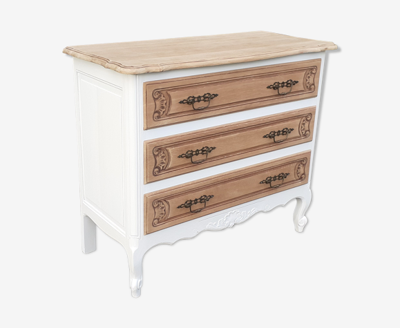 Commode 3 tiroirs style louis XV blanc et bois brut