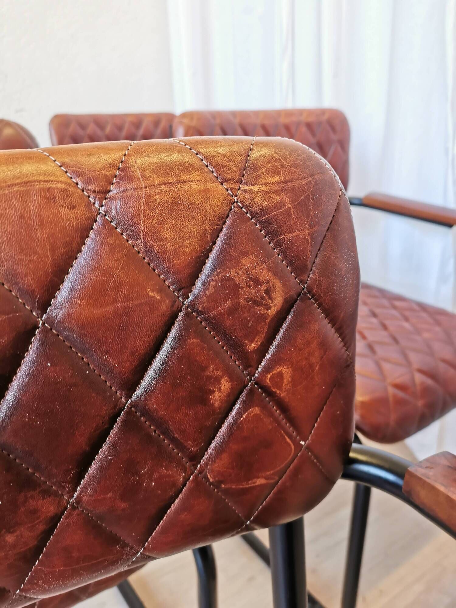 Set of 6 Vintage Cognac Leather Dining Chairs: Quilted Industrial Armchair