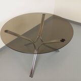Vintage round dining table in smoked glass and chromed metal, Space Age style, from the 70s