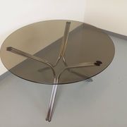 Vintage round dining table in smoked glass and chromed metal, Space Age style, from the 70s