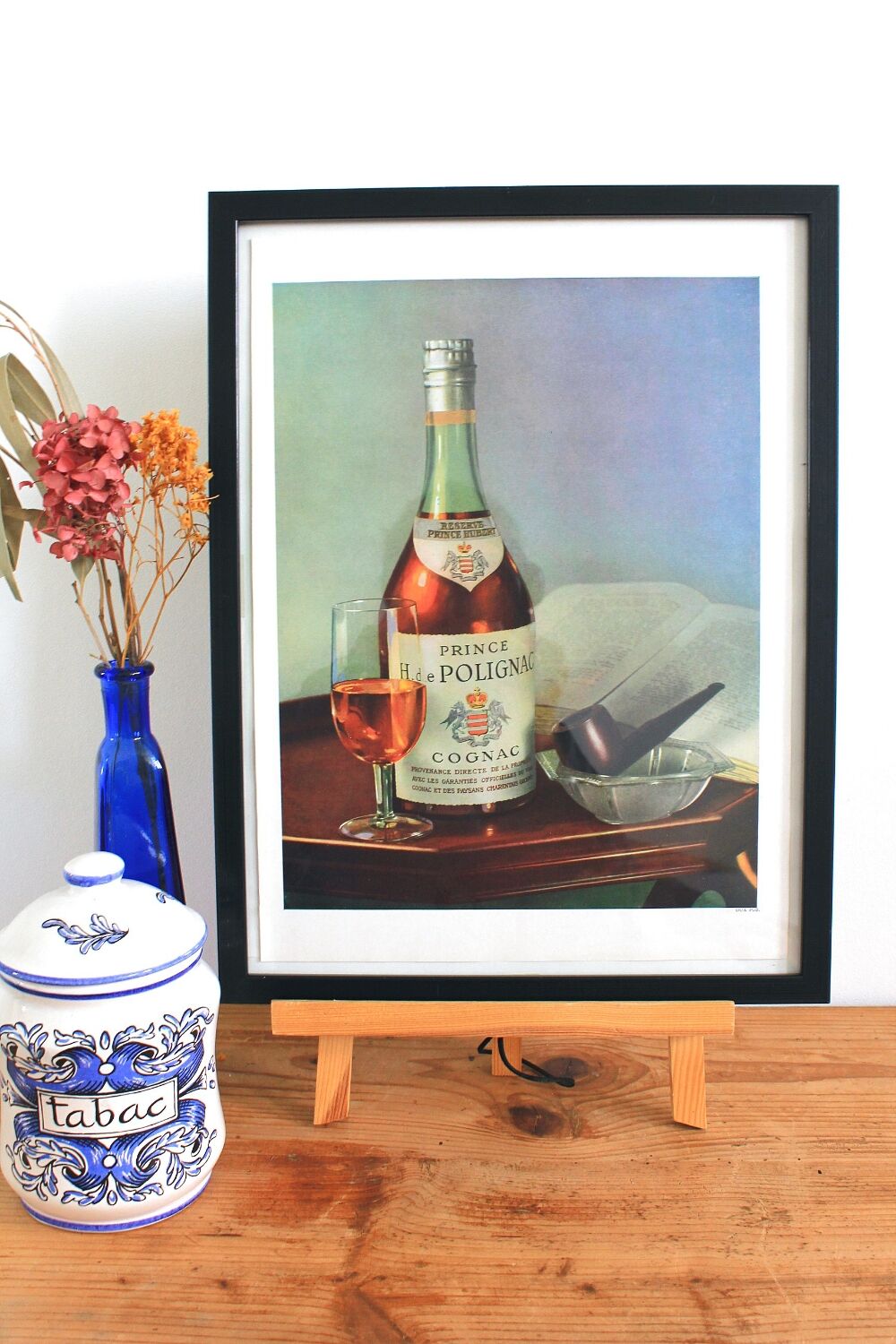 Cognac Polignac and pipe vintage original advertising poster 1950s