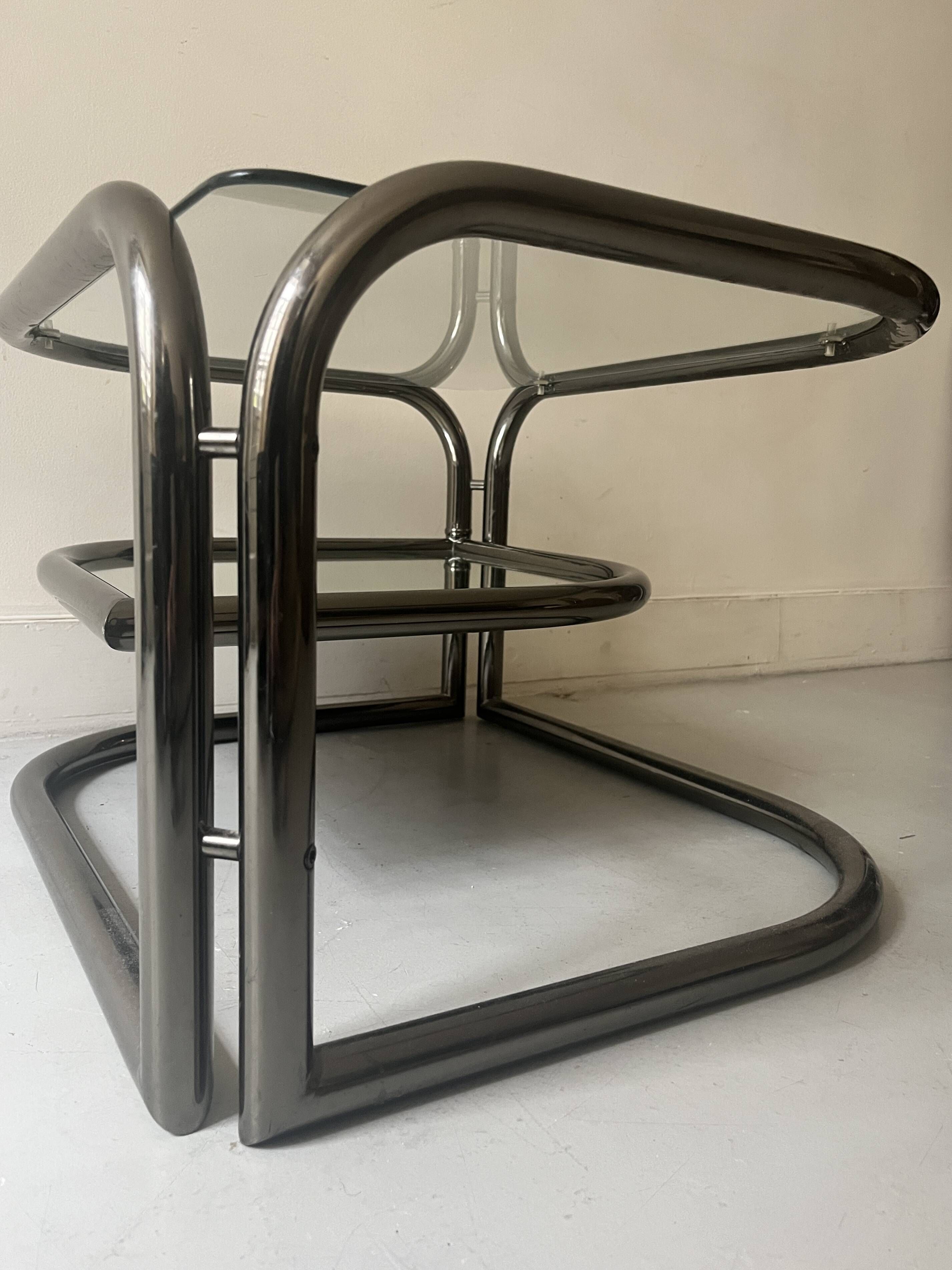 rotating coffee table drop in tubular chrome metal, glass and mirror, design 1970