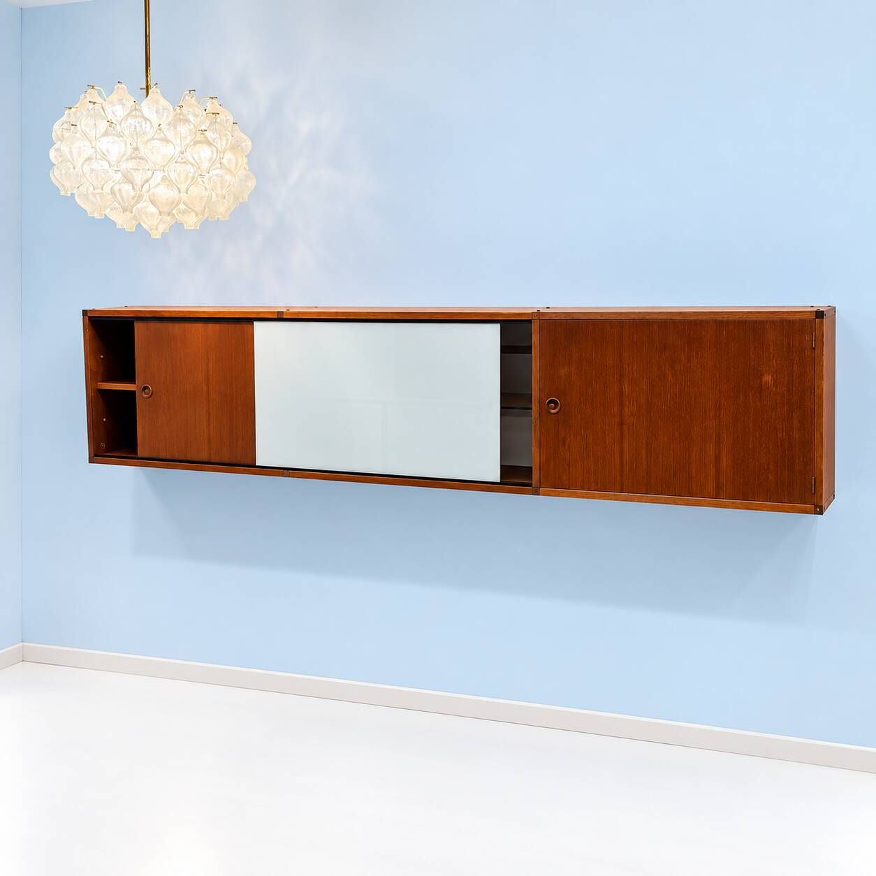 A.R.P. – Wall-mounted furniture in teak and opaline glass, 1950s