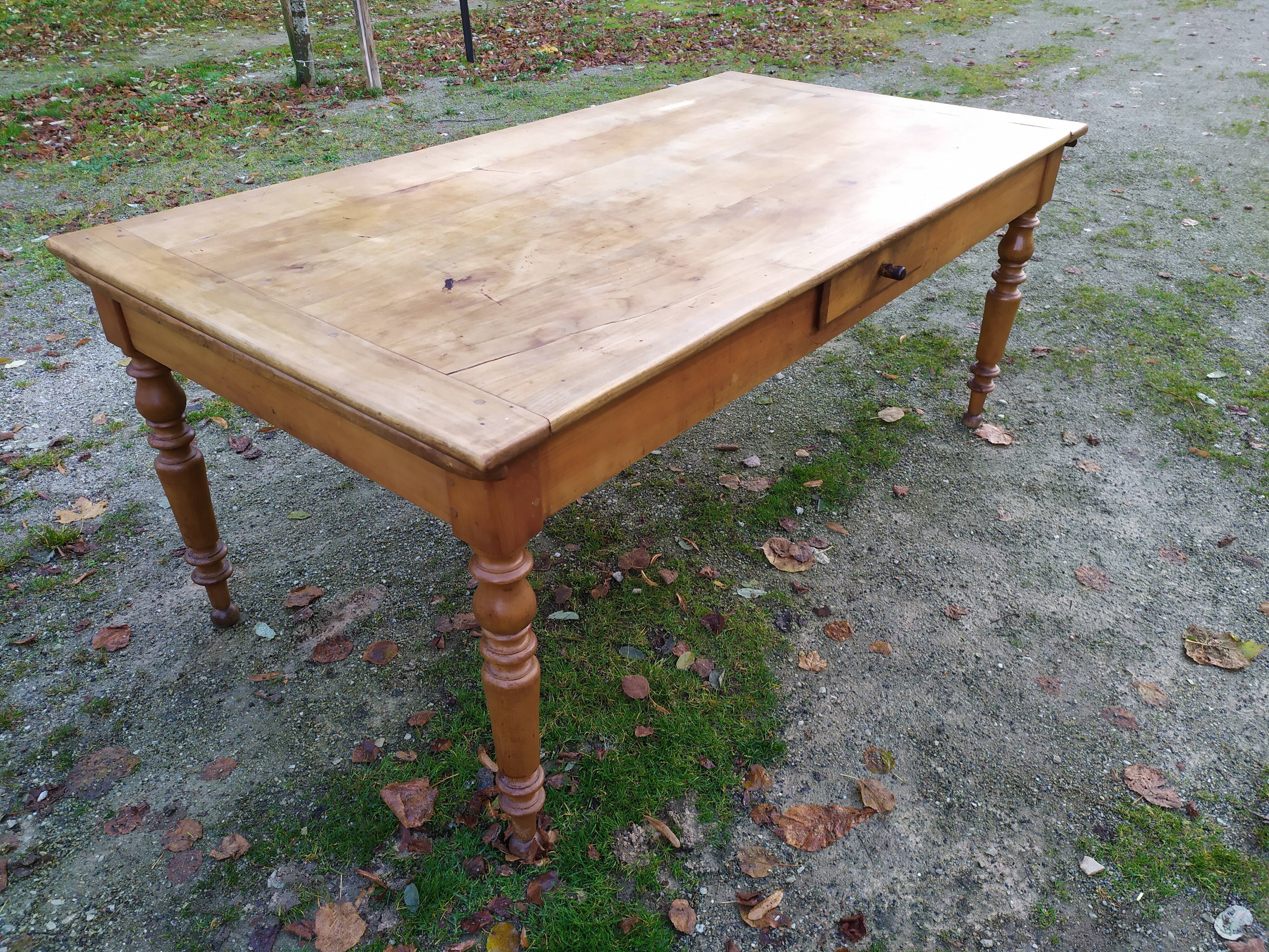 Cherry farm table, turned legs, 2 extensions