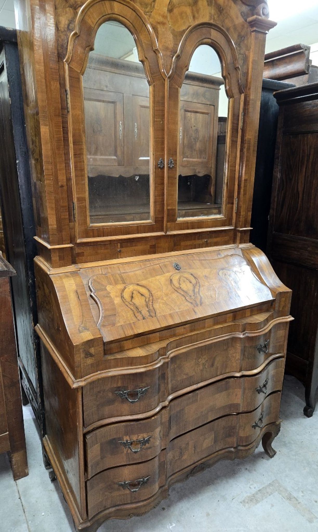 Venetian style Louis XV scriban secretary in marquetry walnut.