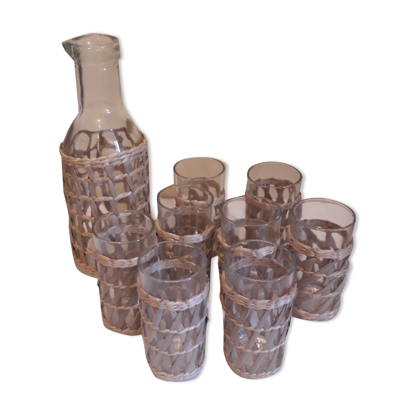 Orangeade service of 9 pieces of glass covered with rush