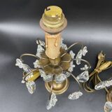 Antique, pair girandoles, candle holders, gilded brass, tassels, glass, drops, florets, 1 burner