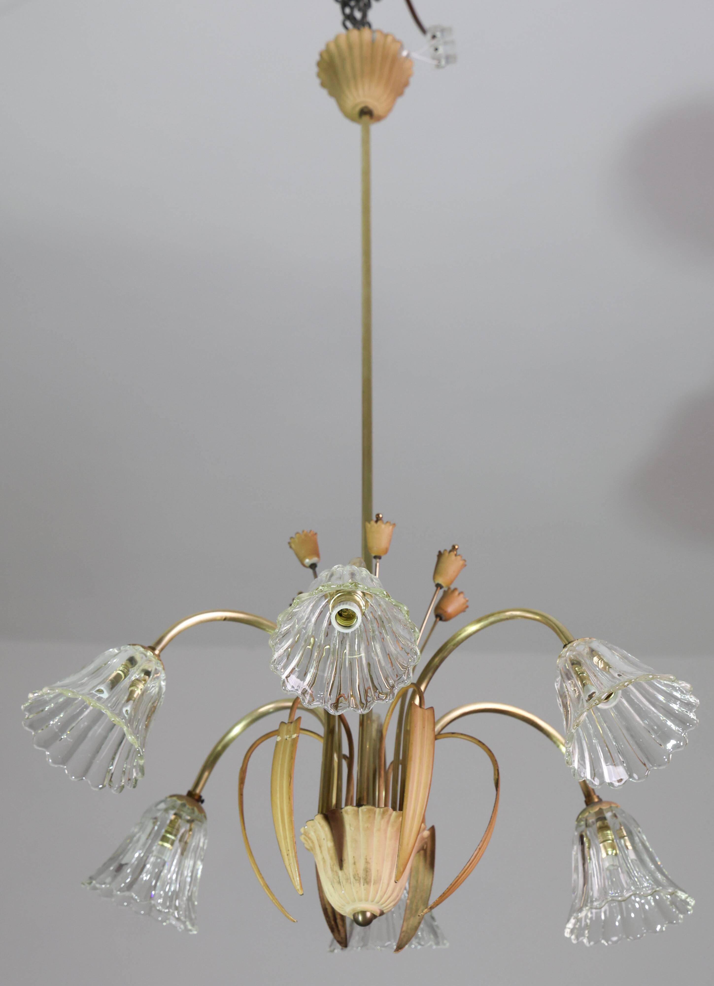 Art Deco Murano Glass and Brass Chandelier, 6 light, 1950