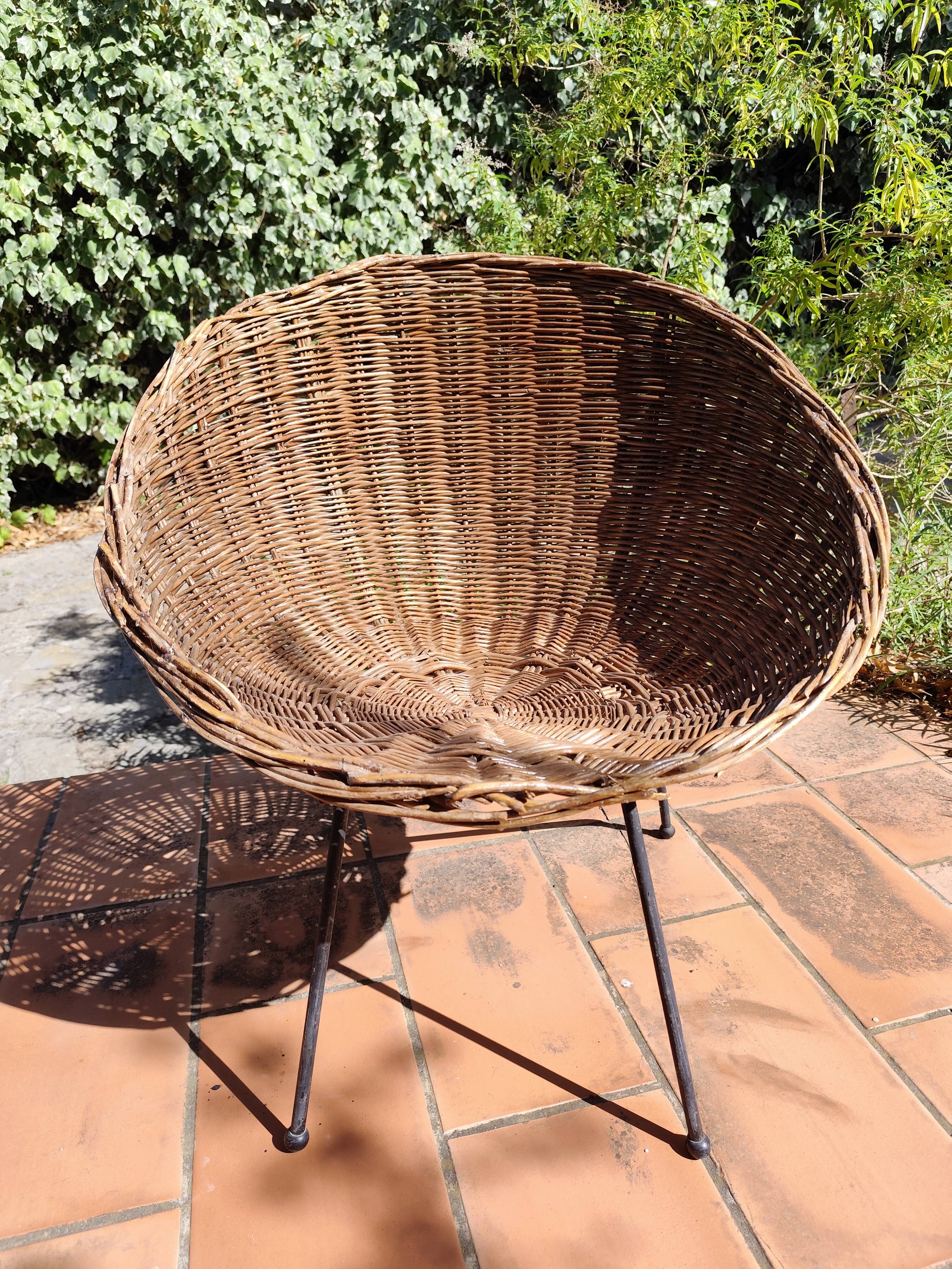Vintage 1950s rattan and wrought iron basket armchair