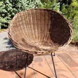 Vintage 1950s rattan and wrought iron basket armchair