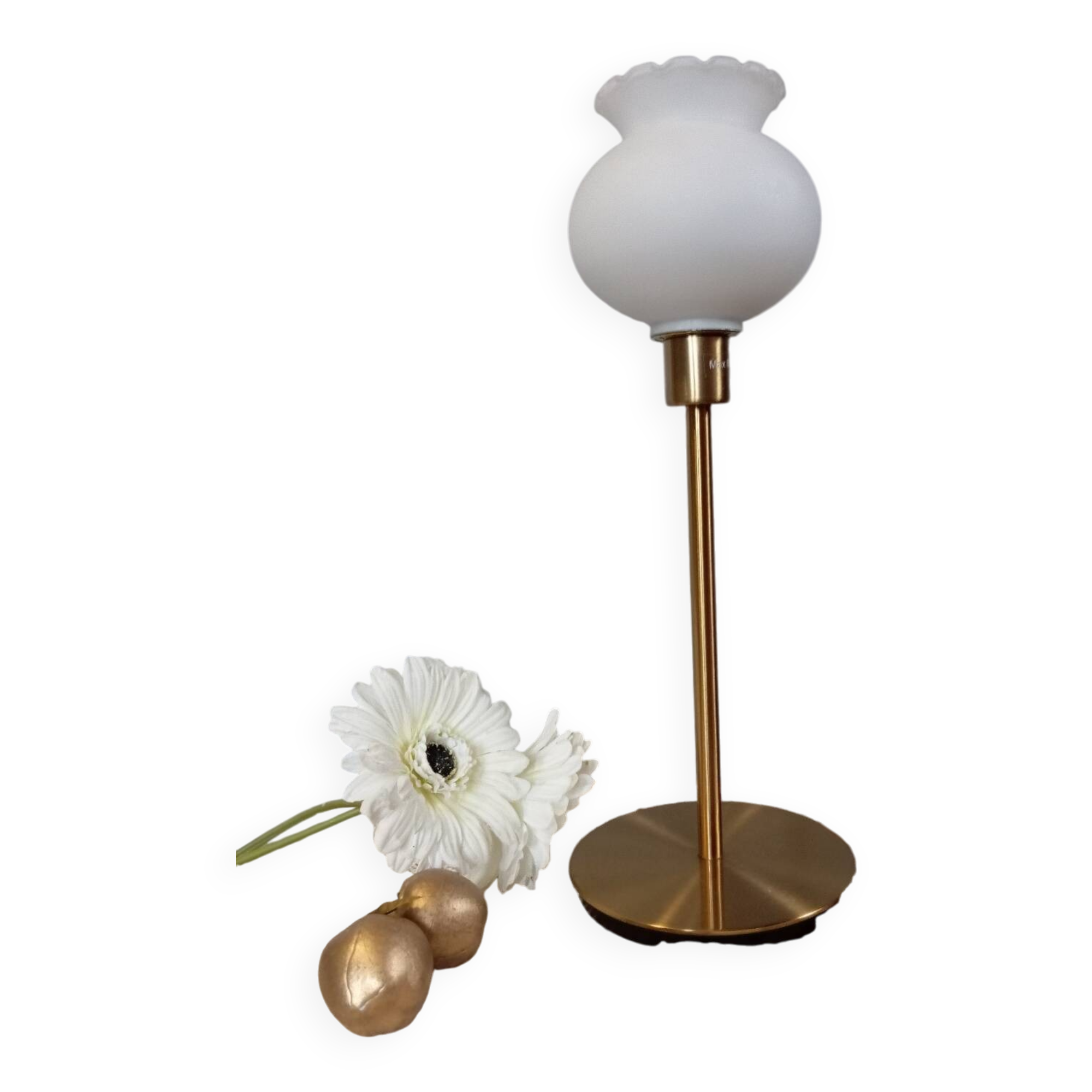 Living room lamp with gold metal base, matt white opaline globe, vintage