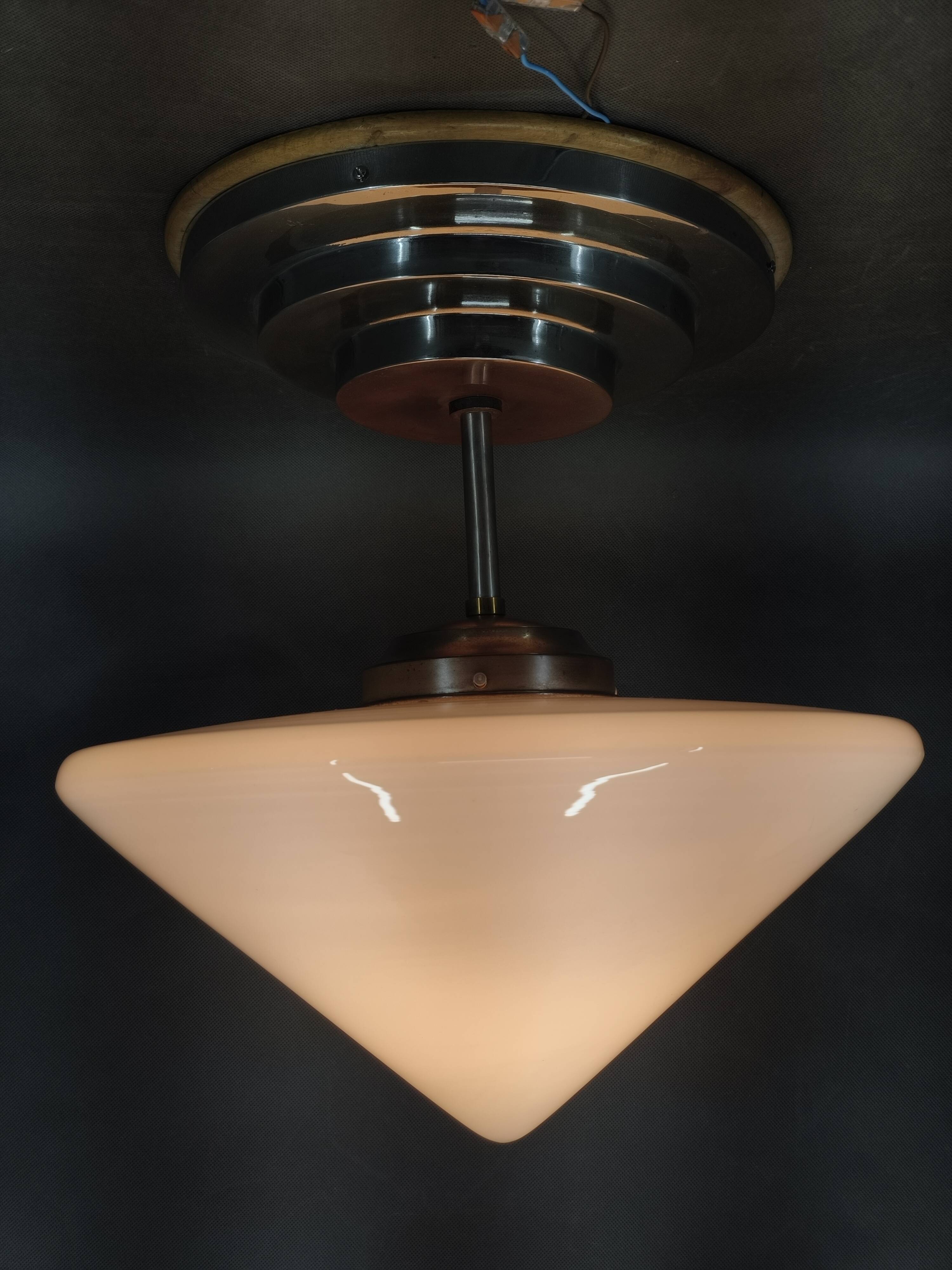 Czech Art Deco Opaline Glass Flush Mount Ceiling Light 1930s