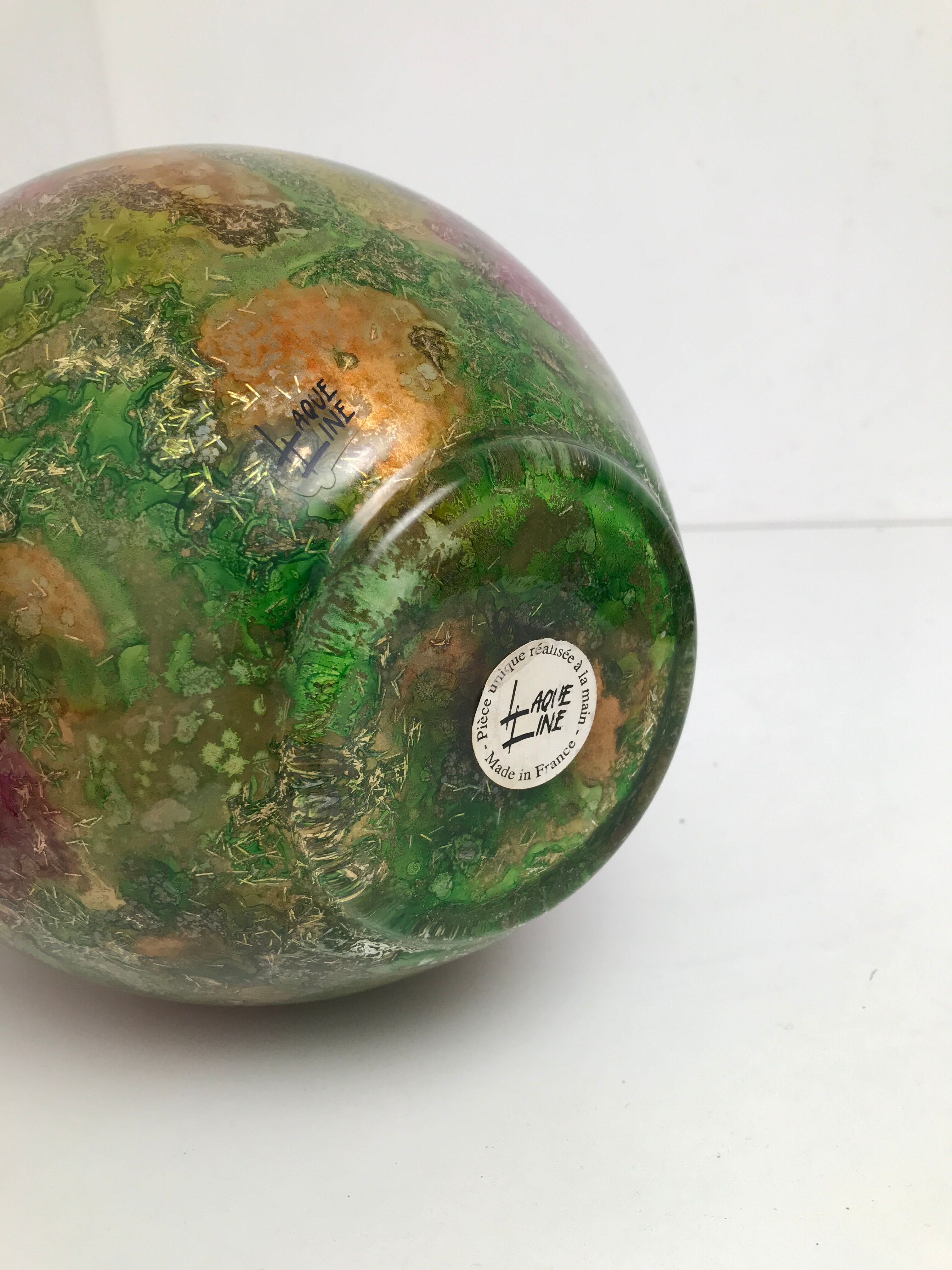 Linear lacquered glass vase 1970-1980 with internal decoration of gold oxides unique handmade piece