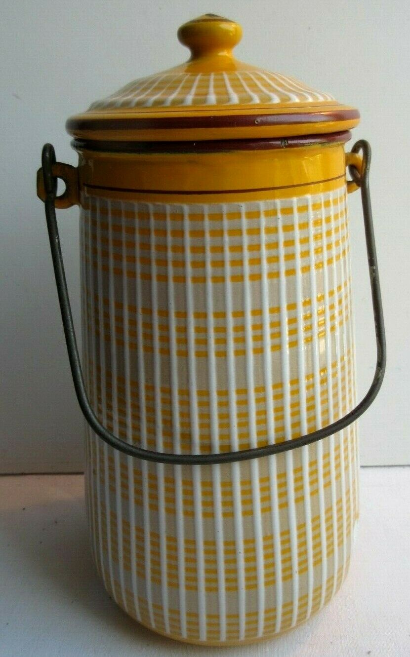 Art Deco milk pot, enamelled sheet as coffee maker, yellow and white signed BB