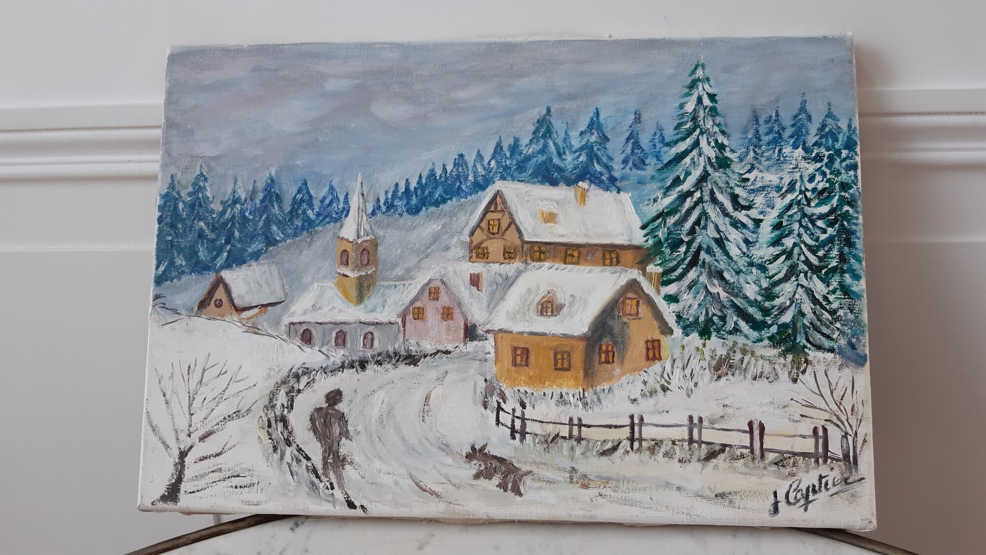 Oil painting on canvas village and landscape winter vintage signed