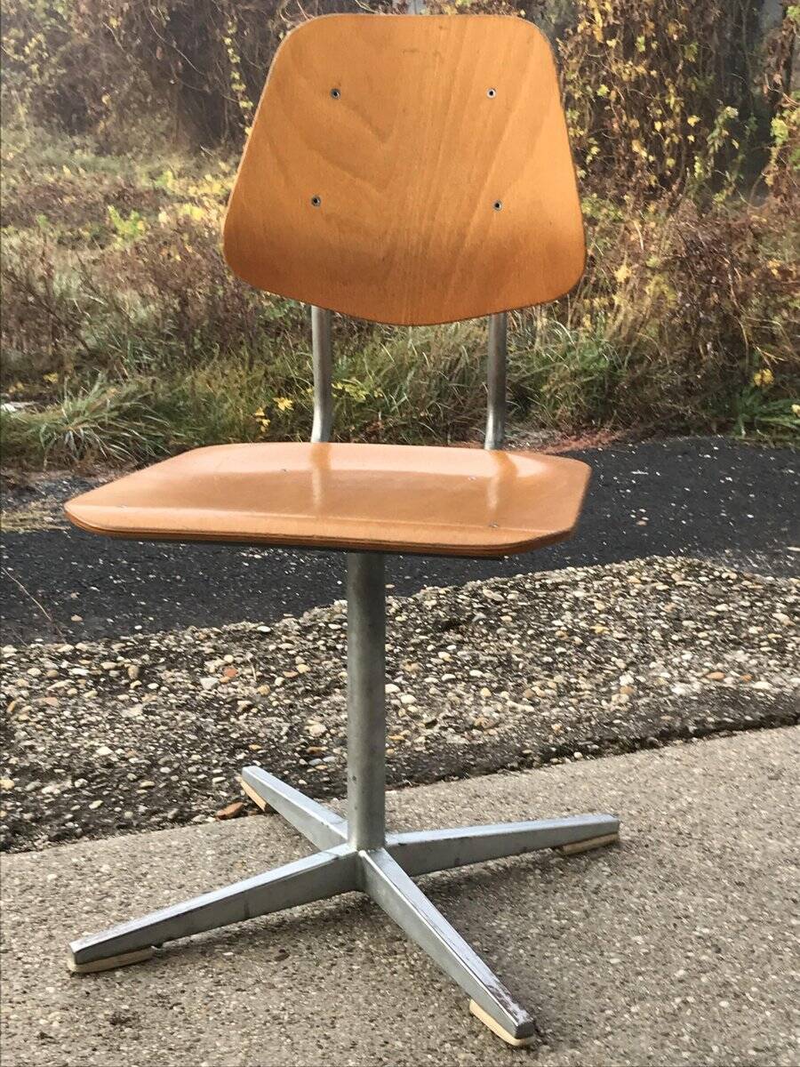 Embru set from the 1960s, school desk and brown wooden and steel chair, Switzerland, set of 2.