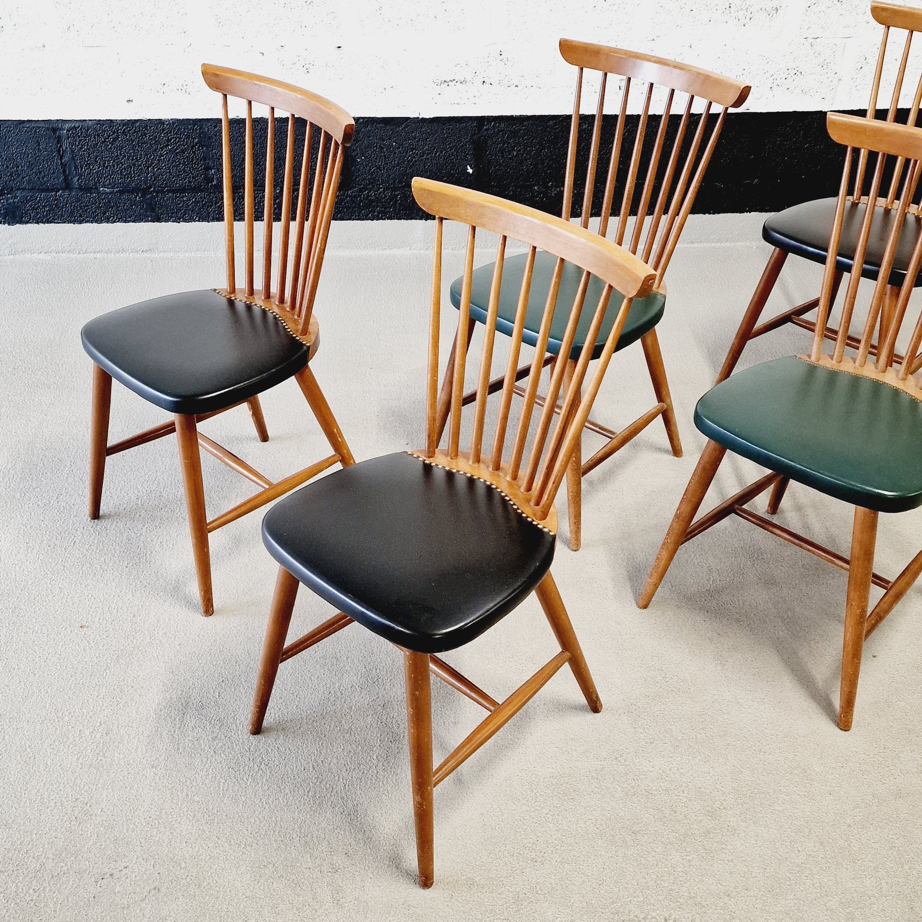 6 scandinavian wood & vinyl chairs, 1960s