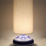 Vintage table lamp, blue ceramic striped base and plain lampshade