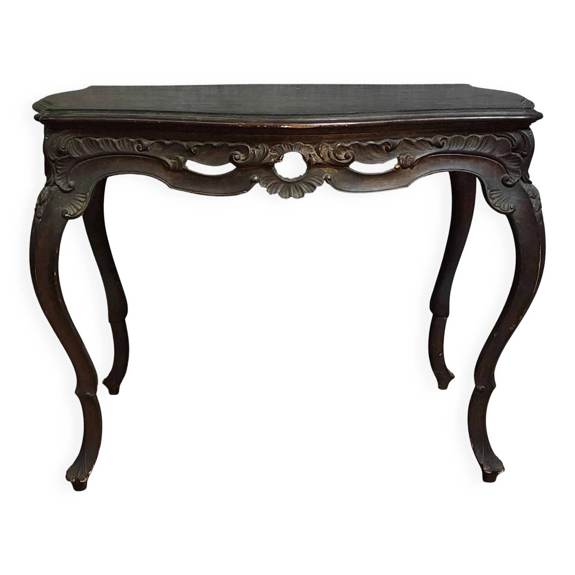 Antique desk in the Louis XV style, resting on four curved legs.