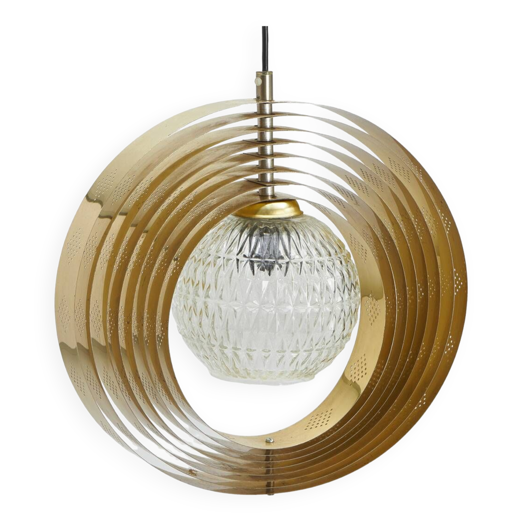 'Moon' pendant lamp, in brass and glass strips, 1970s