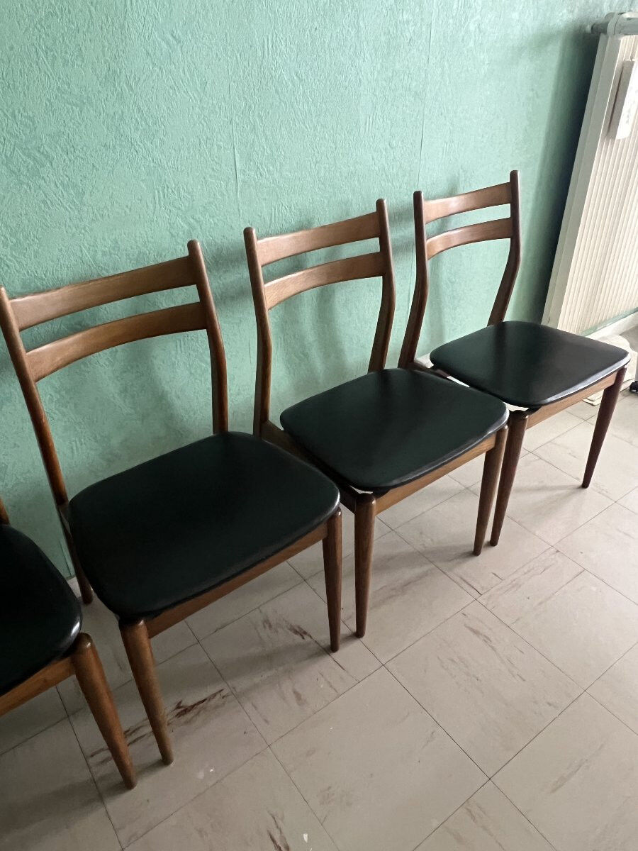 Set of six vintage scandinavian chairs. black faux leather seat, eros edition from around 1960.
