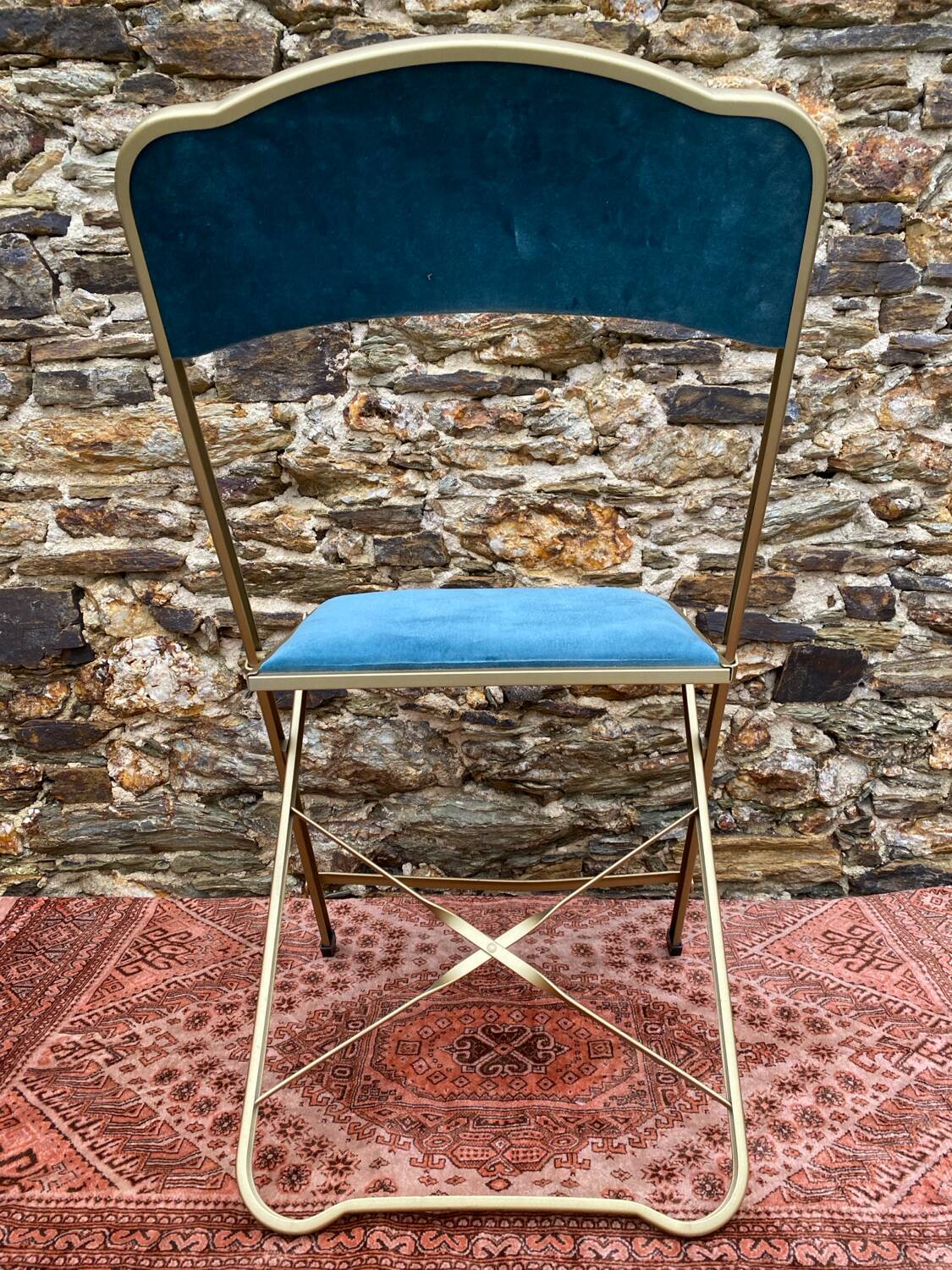 Folding chair in gold-tone metal and velvet, 1960s-70s