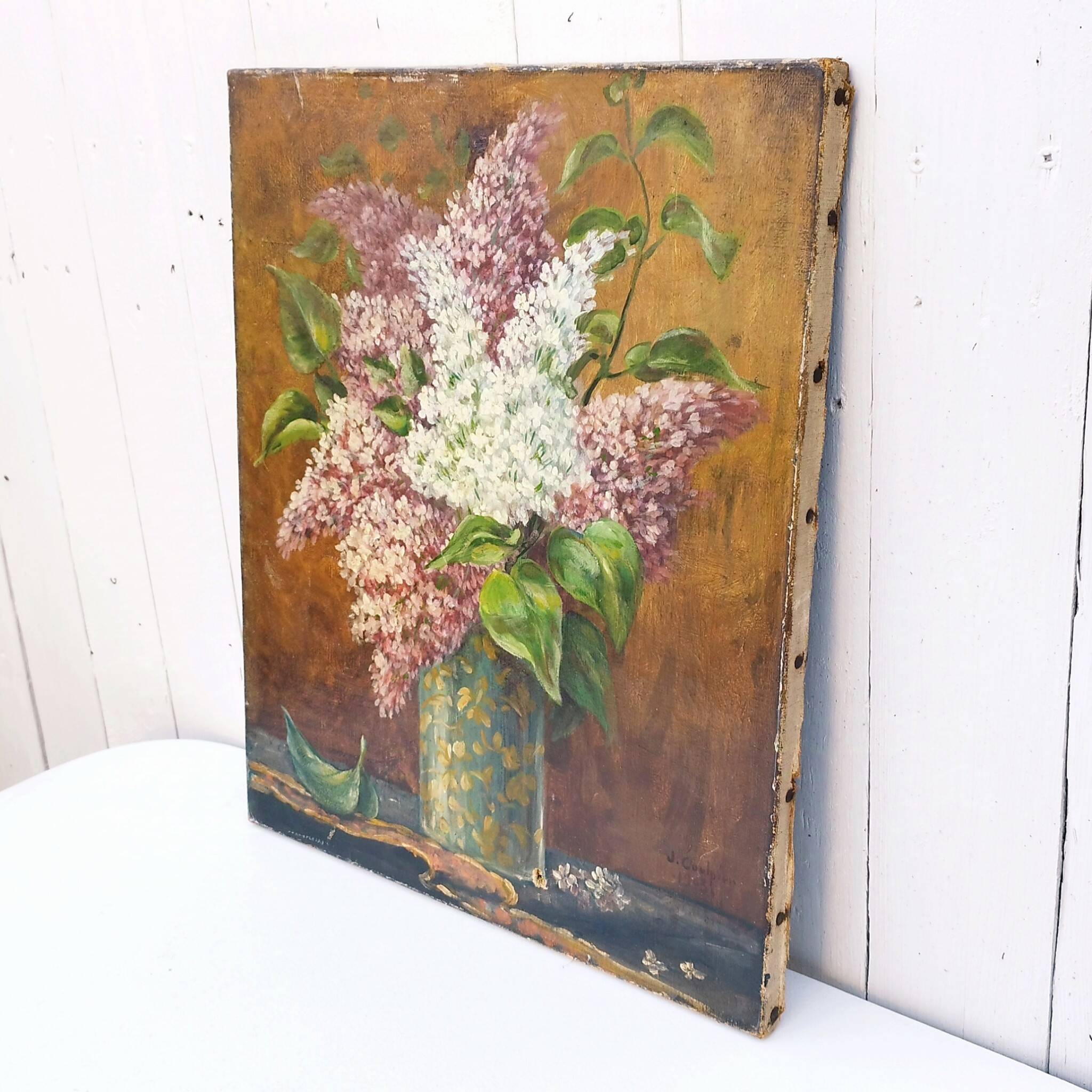 Oil painting on canvas bouquet of lilacs 1903 Vintage