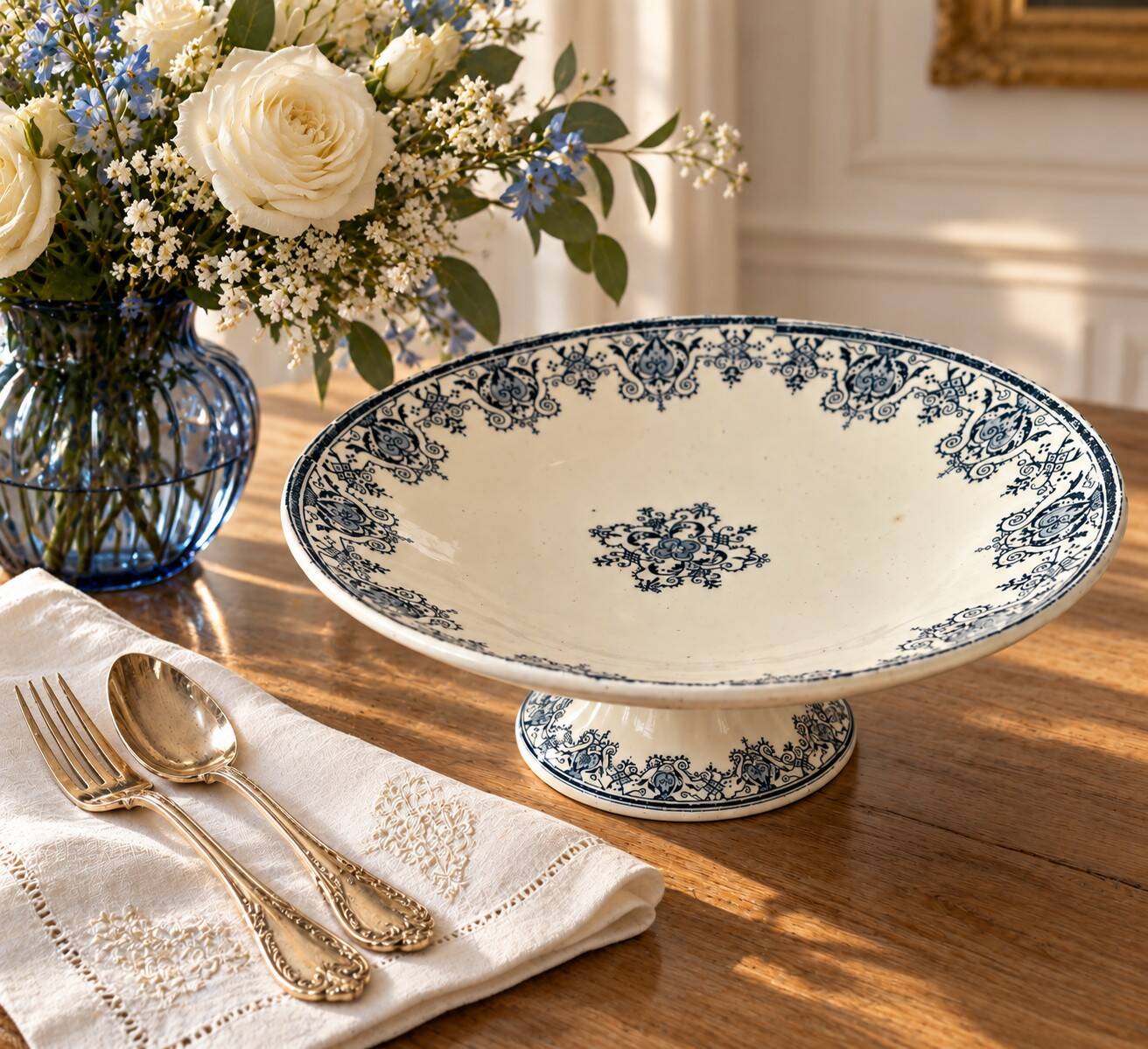 Ironstone compote by Manufacture Clairefontaine, Regency decoration, circa 1900.