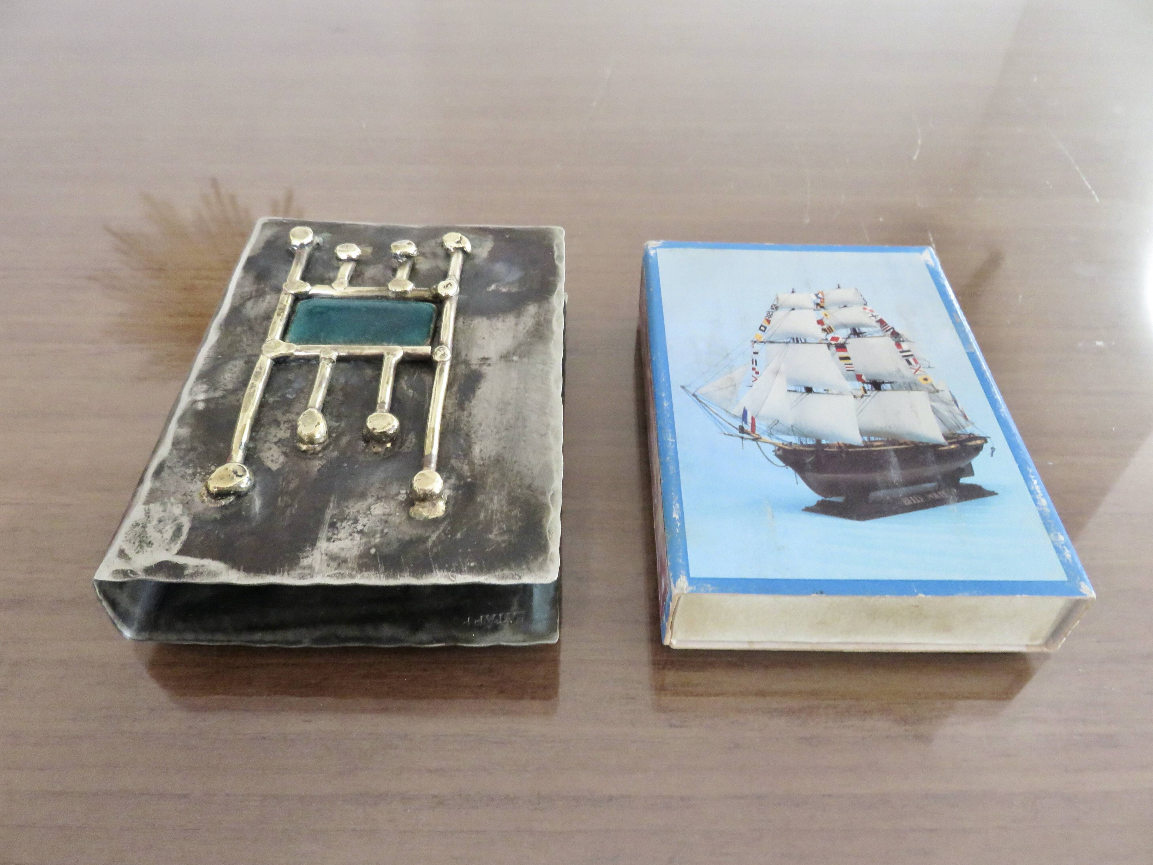 Case for matches in pewter, brass and email signed "latappy" 1970