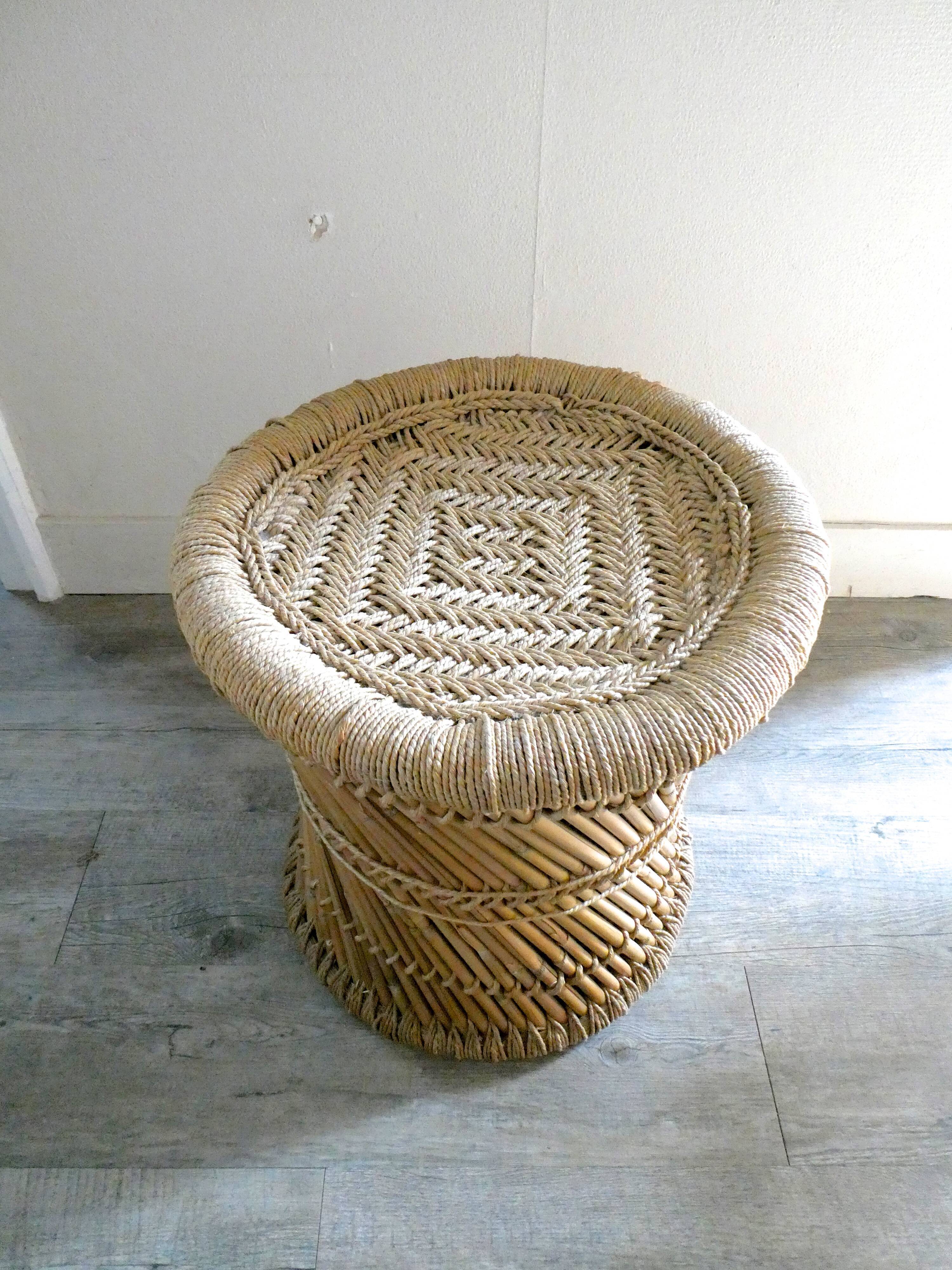 Tabouret en rotin et corde des années 70