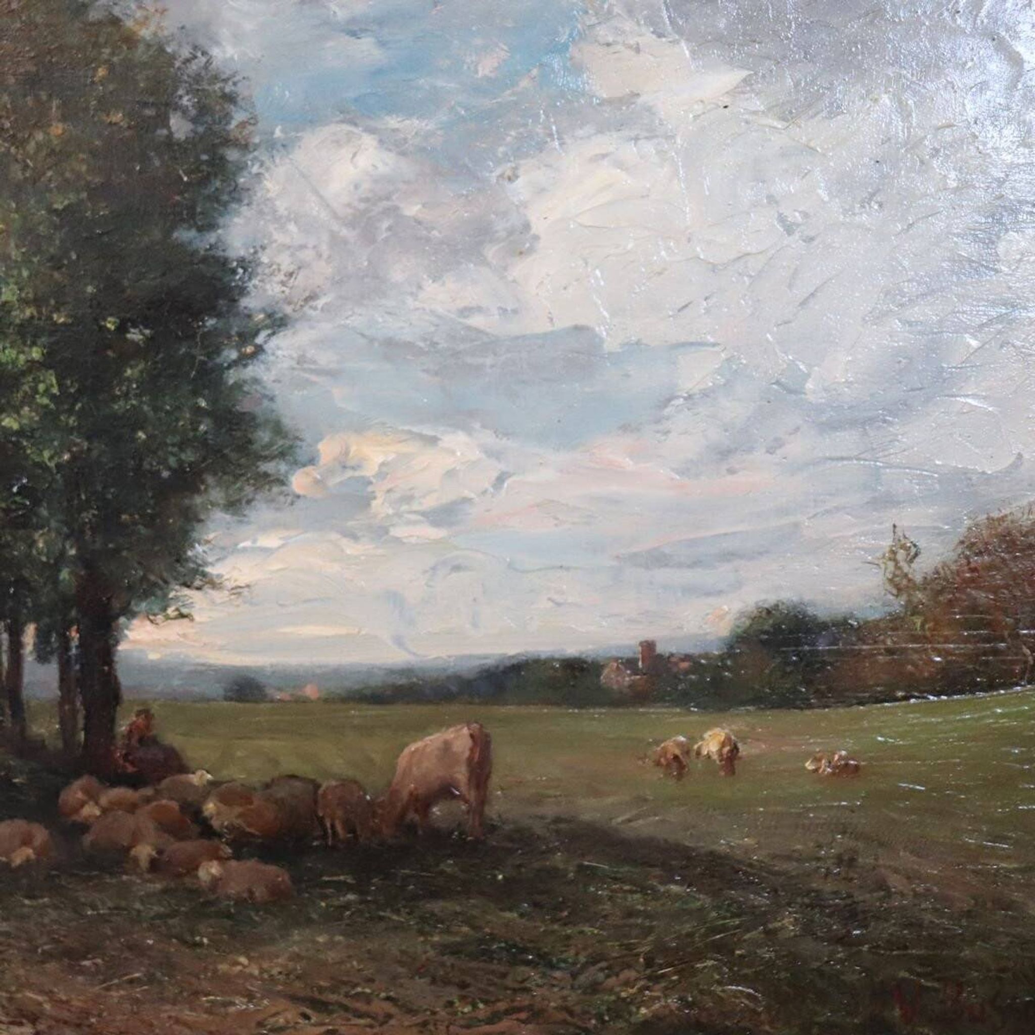 Oil Painting On Panel, Landscape With A Flock Of Sheep, Signed V. Bussolino, Italy, 19th Century