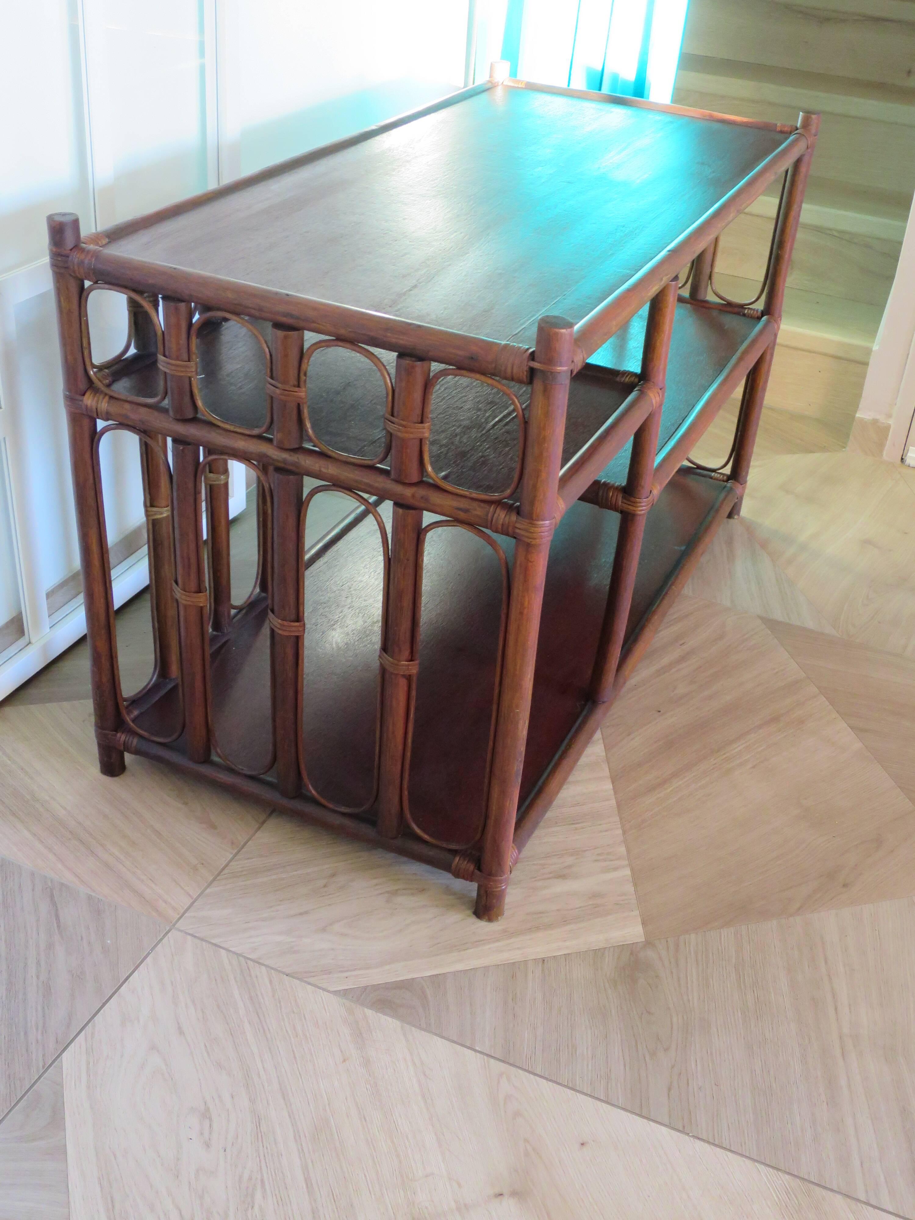 Retro side table - vinyl furniture - rattan and bamboo - 1980s