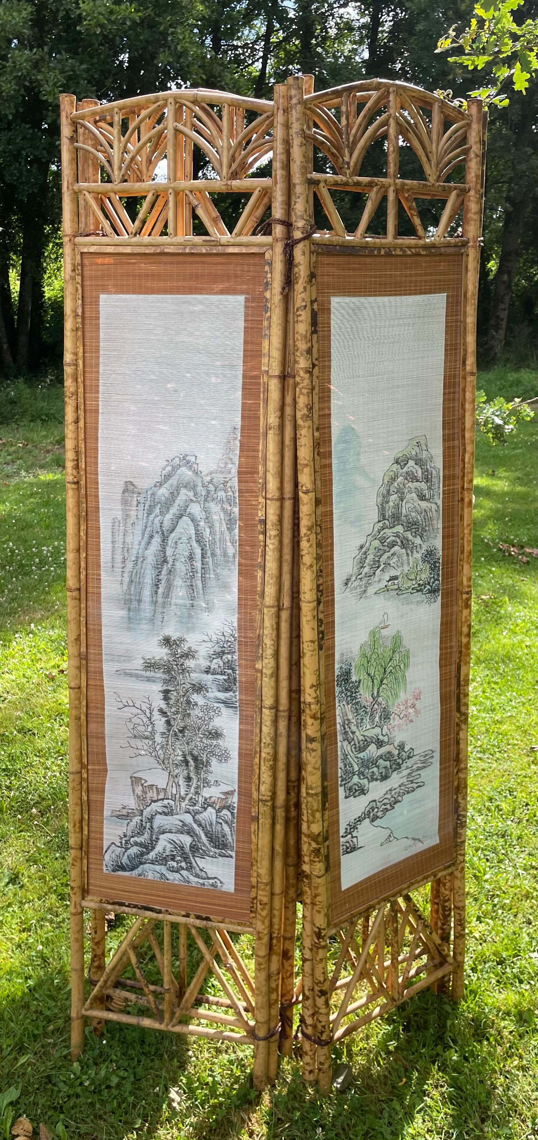 Vintage bamboo and rattan screen, 1970s